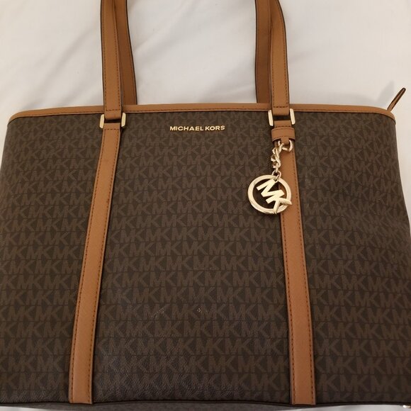 Michael Kors Signature MK Brown & Tan Large Tote Purse - Picture 1 of 14